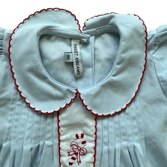 Sweet Dreams Smocked Girls Blue Embroidered Dress Candy Canes Holiday Size 18M - Picture 2 of 6